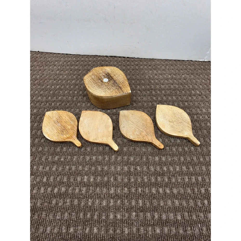 Vintage Wooden Leaf Coaster Set with Holder 4 Piece Natural Wood Carved Design